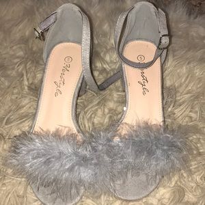 grey furry heels